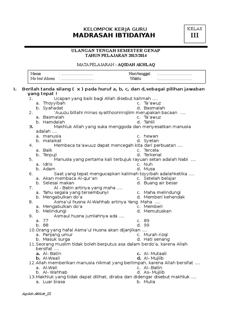 Latihan Soal Akidah Akhlak Kls 2 Sd Uts Semester 2