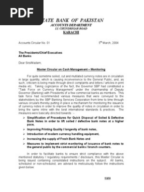 State Bank Of Pakistan Master Circular On Cash Management Banknote Legal Tender
