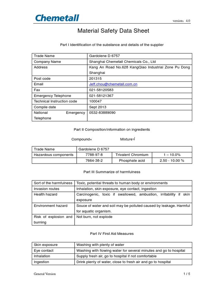MSDS Gardolene D 6757 Chemetall PDF PDF Chemistry Materials