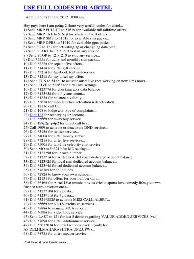 Use Full Codes For Airtel PDF Short Message Service Mobile