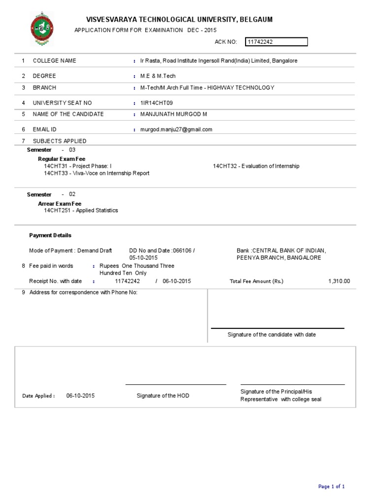 VTU Exam Application Form Dec 2015 | PDF | Technology & Engineering