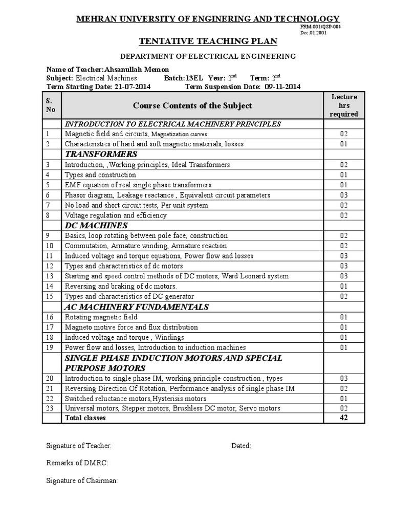 Tentative Teaching Plan: Transformers | PDF | Technology & Engineering
