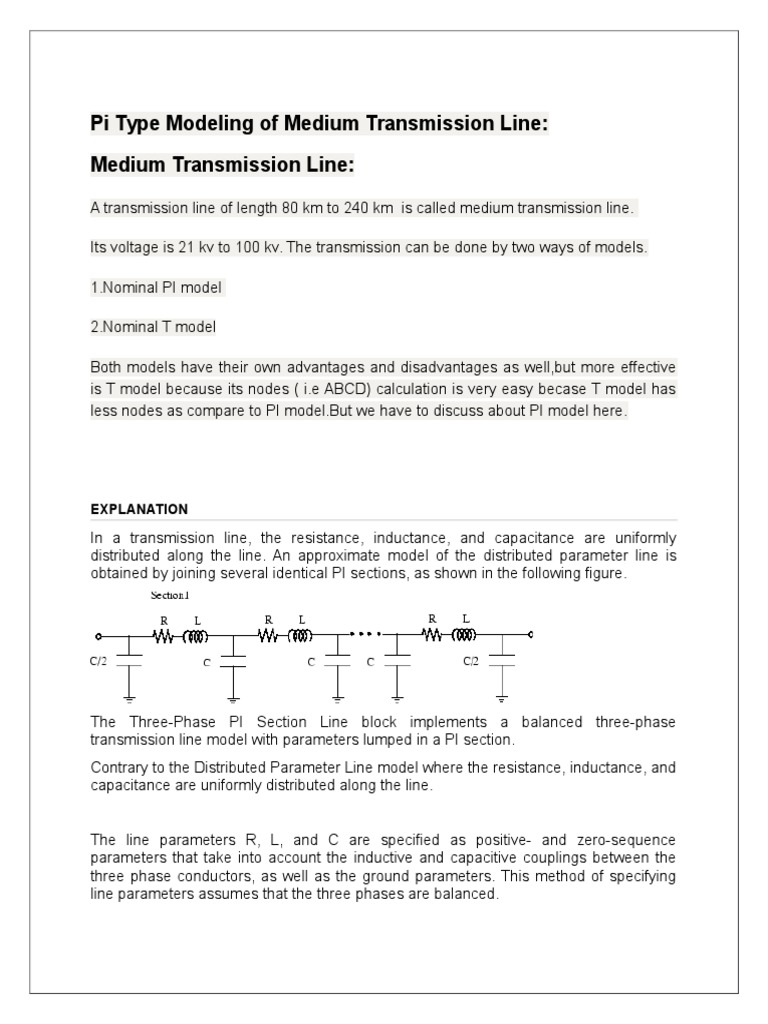 Pi Model for Medium Transmission Lines | PDF | Inductance | Capacitor