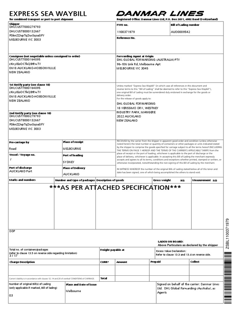 Ocean Bill of Lading Sample Document | PDF | Bill Of Lading | Cargo