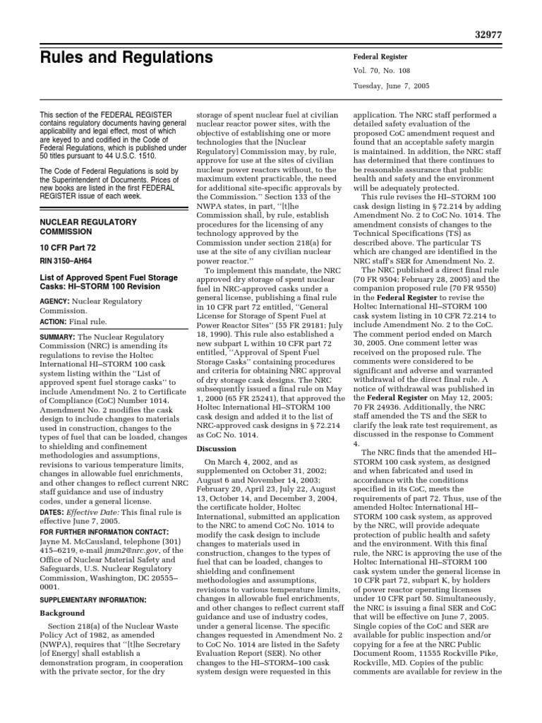 Rule Spent Nuclear Fuel and HighLevel Radioactive Waste Independent