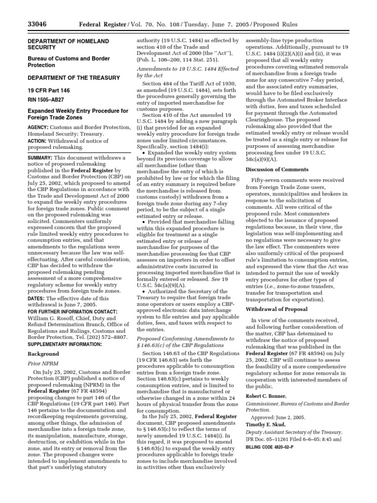 Proposed Rule: Foreign Trade Zones: Expanded Weekly Entry Procedure ...
