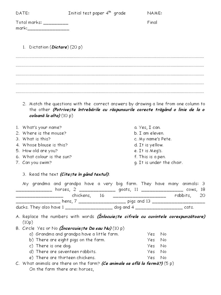 Initial Test Paper 4th Grade | PDF