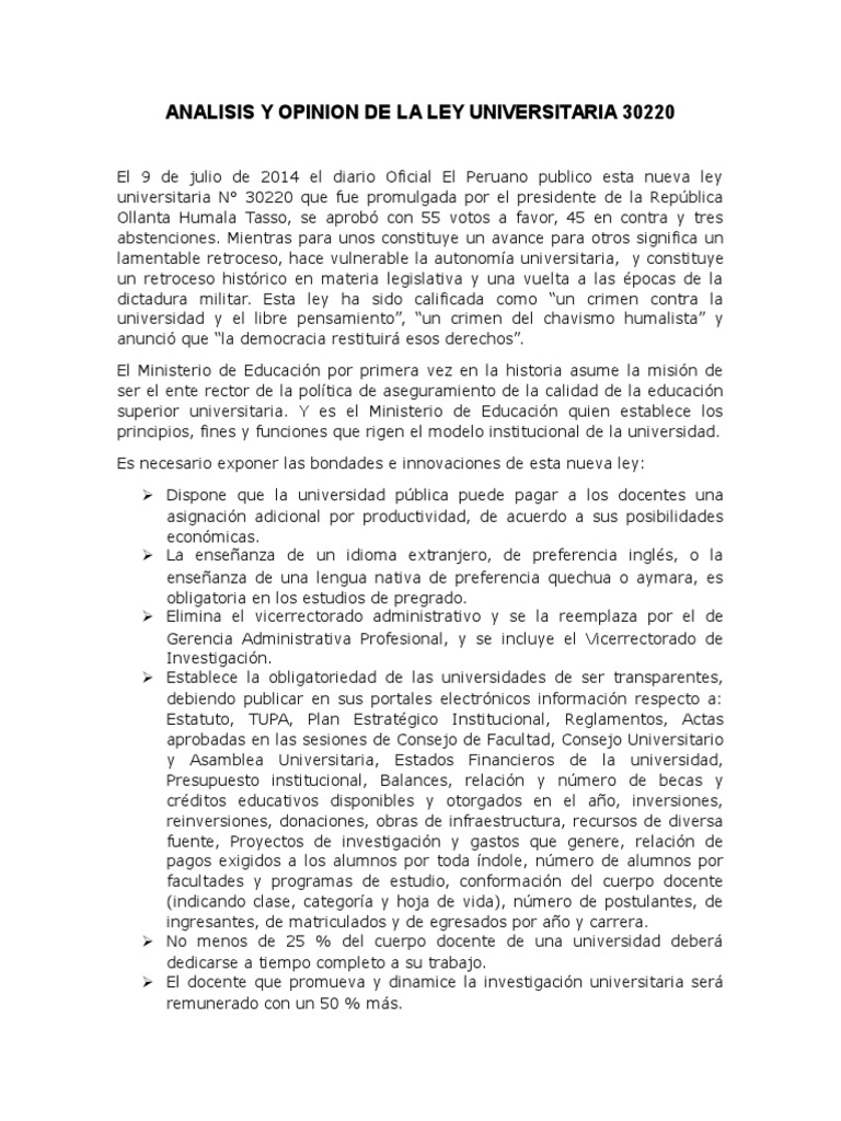 Analisis y Opinion de La Ley Universitaria 30220 PDF Universidad pública Universidad
