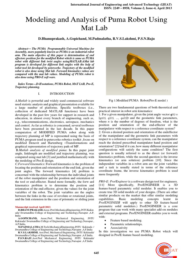Modeling Puma Robot Using Matlab | PDF | Kinematics | Robot