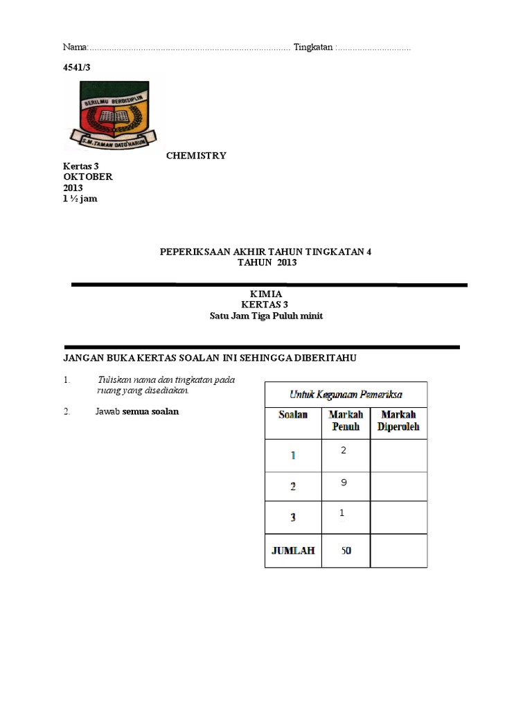 Kertas 3 kimia akhir tahun