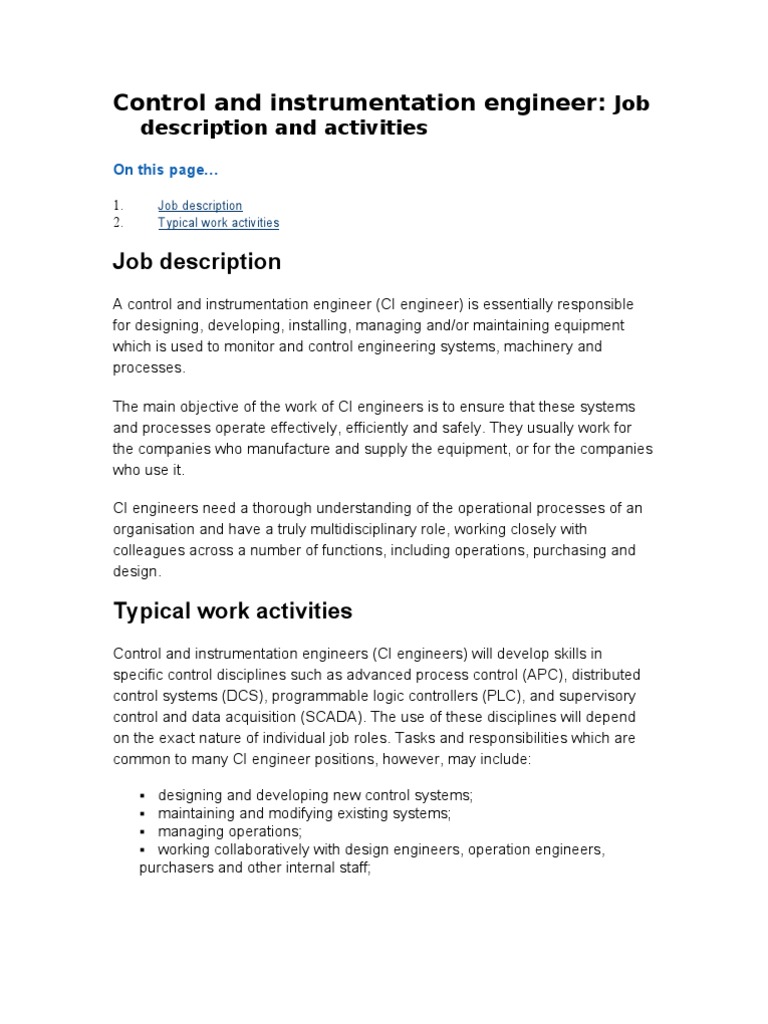 Control and Instrumentation EngineerJobDescription Engineering