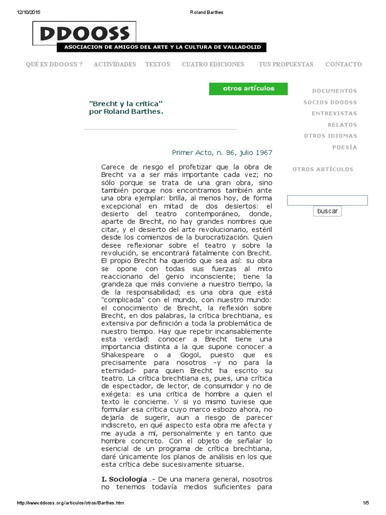 Crítica de Brecht según Barthes | PDF | Semiótica | Teatro