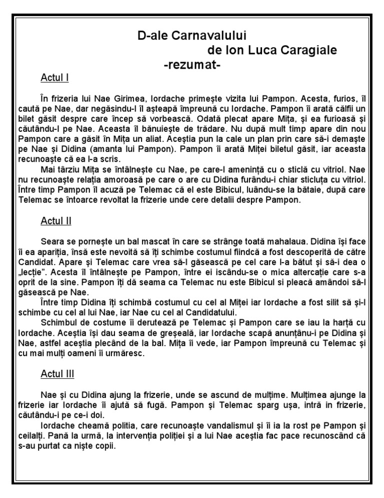 D ale Carnavalului Rezumat