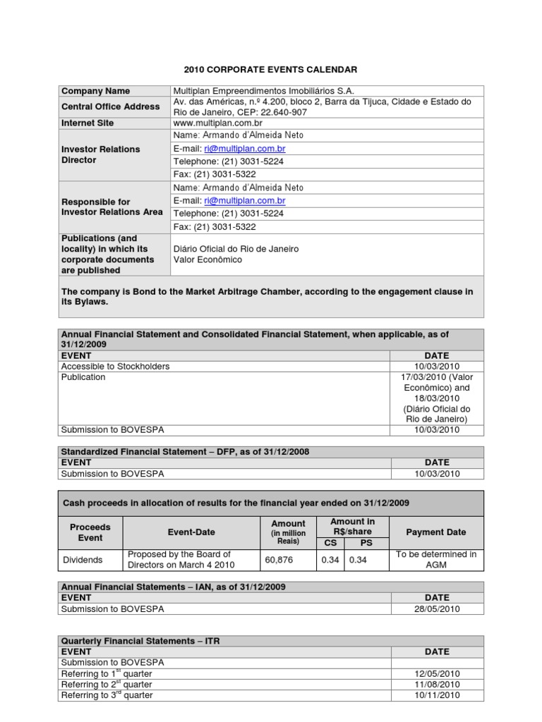 2010 Corporate Events Calendar for Multiplan | PDF | Board Of Directors ...