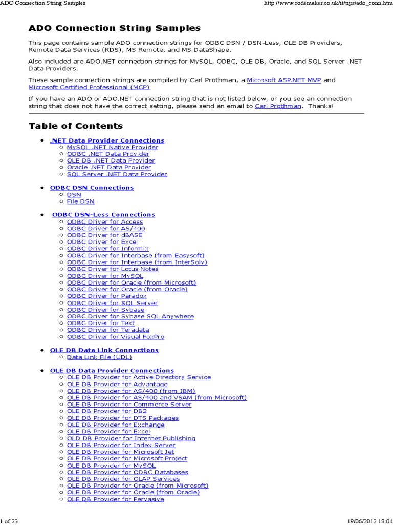 ADO Connection String Samples | PDF | Microsoft Sql Server | Microsoft ...