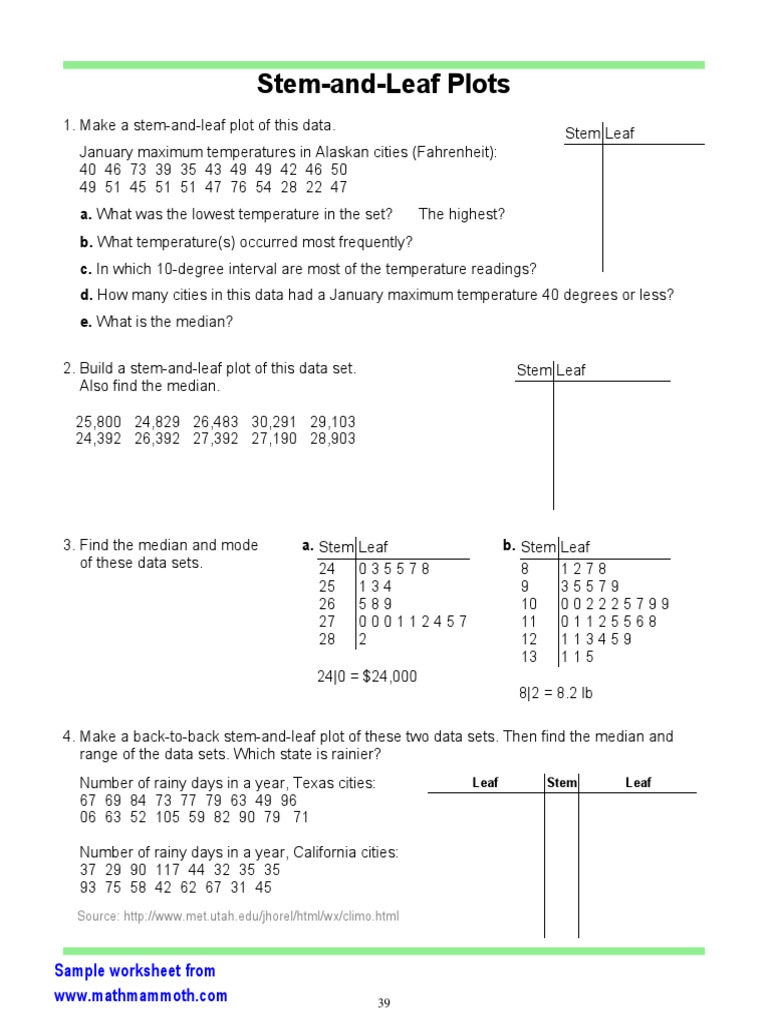 Statistics Worksheets Stem-Leaf-Plots  PDF  Median  Mode Throughout Stem And Leaf Plots Worksheet
