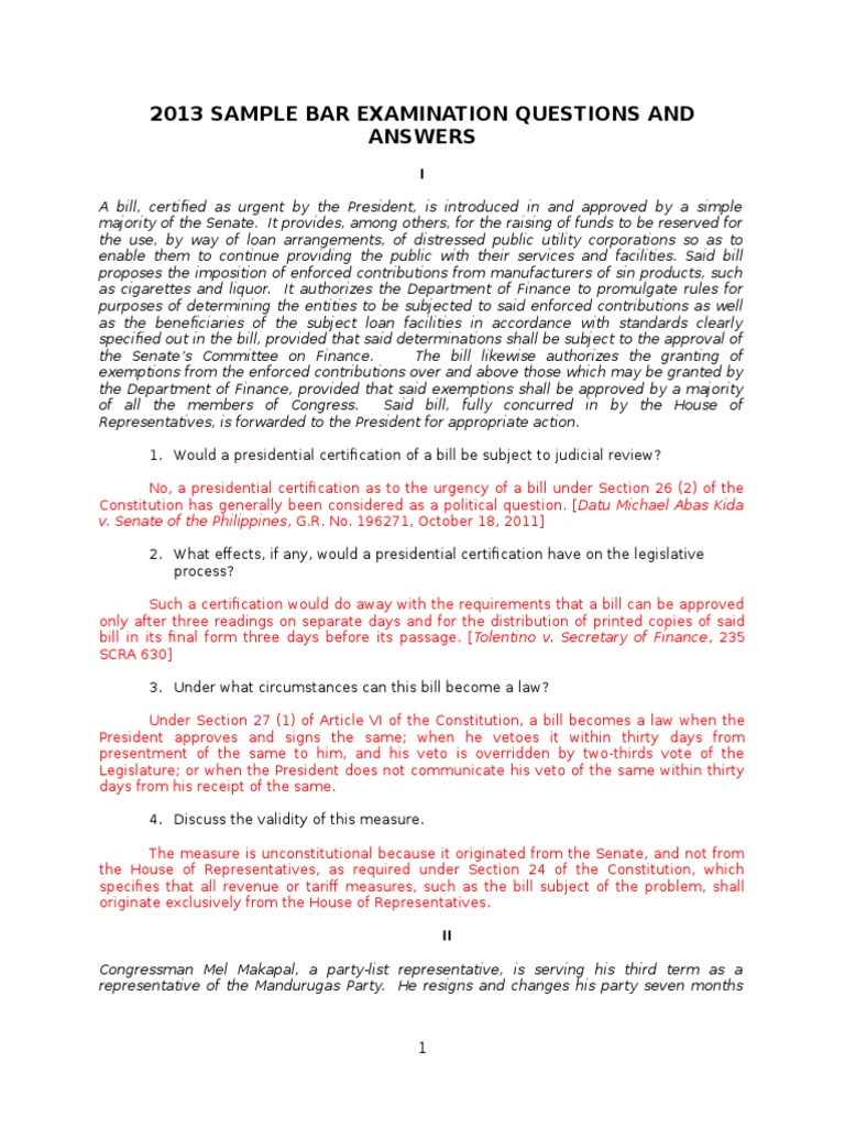 2013 Sample Bar Examination Questions and Answers: v. Senate of The ...