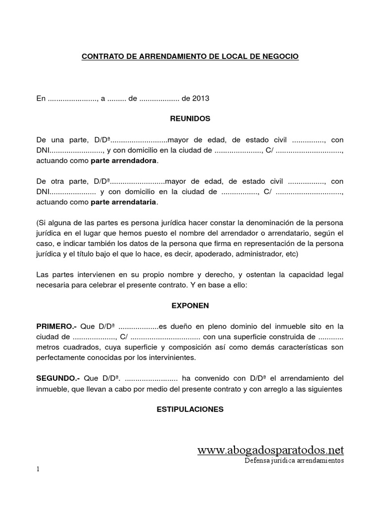 Contrato de Arrendamiento de Local de Negocio | Alquiler | Pagos ...