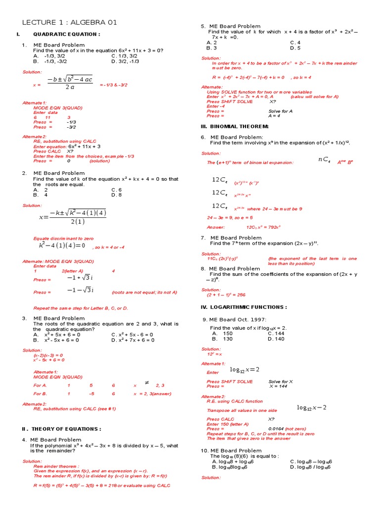 1.algebra1 Mar2013 ANSWER | PDF | Quadratic Equation | Equations