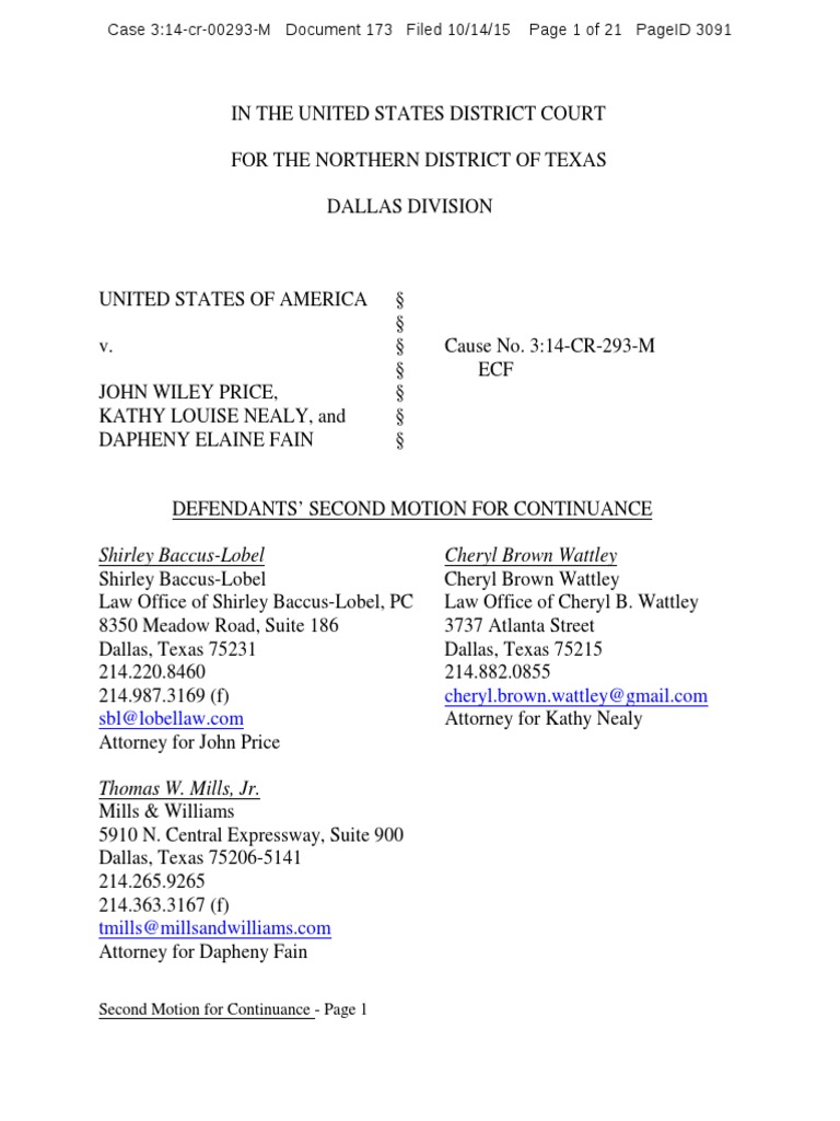 Request for continuance in John Wiley Price case Continuance