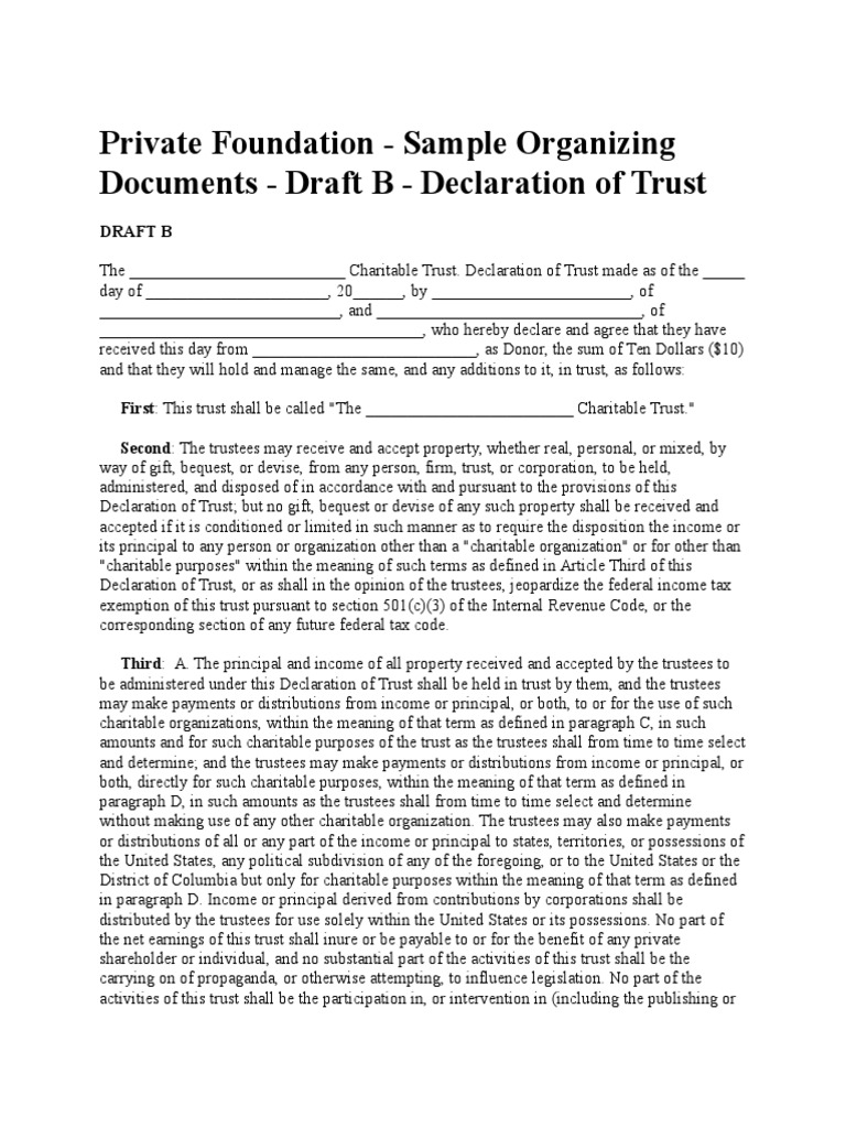 Private Foundation Template Trust Law Charitable Organization