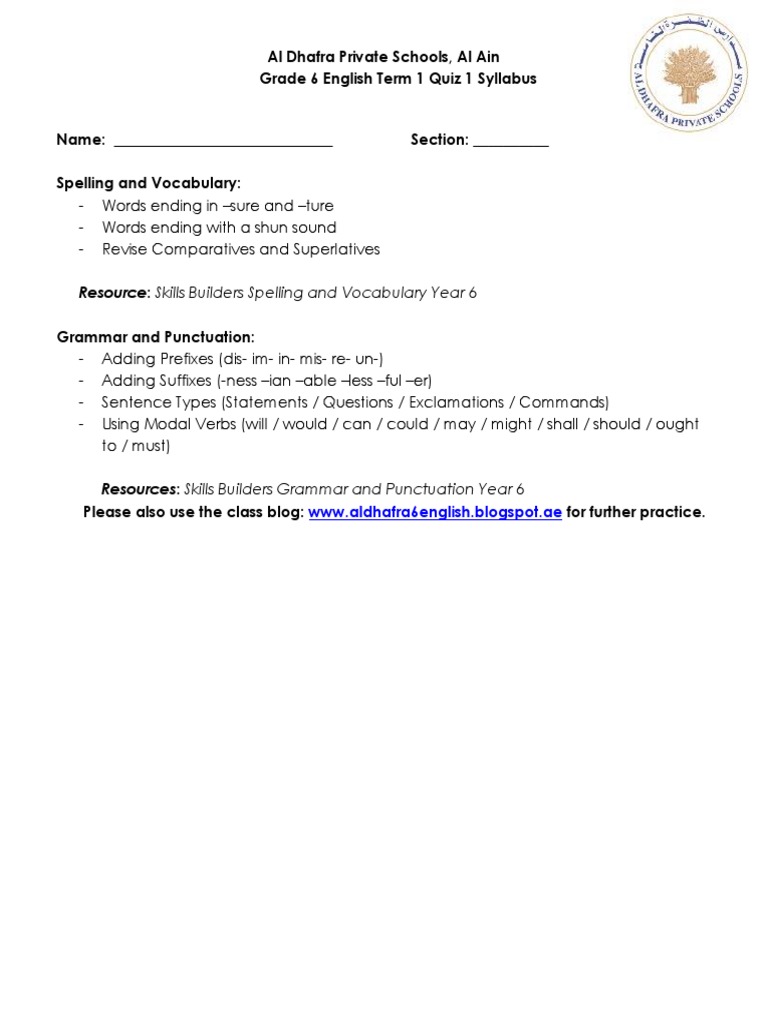 Grade 6 Term1 English Quiz Syllabus Oct 2015