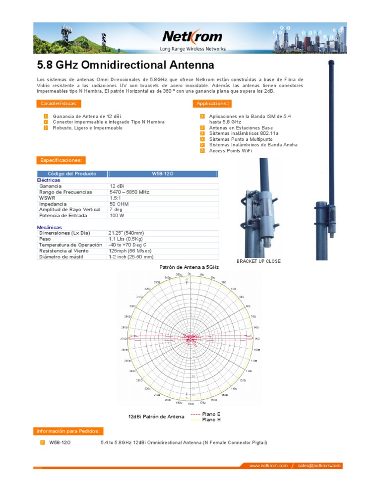 Datasheet 5.8GHz 12dbi Omnidirectional Antenna Spanish PDF Antena