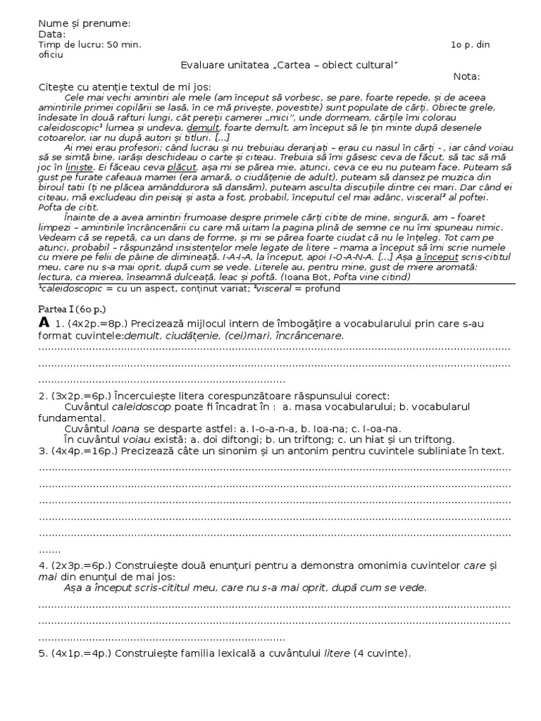 Test evaluare limba si literatura romana Unit 1 Cls 6