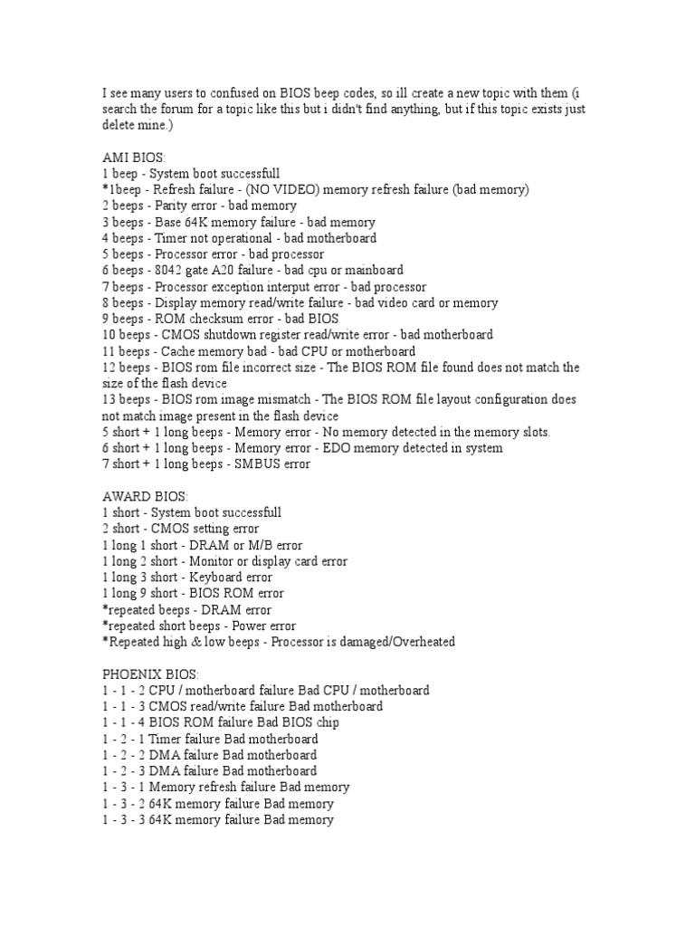 BIOS Beep Codes Explained | PDF | Bios | Booting