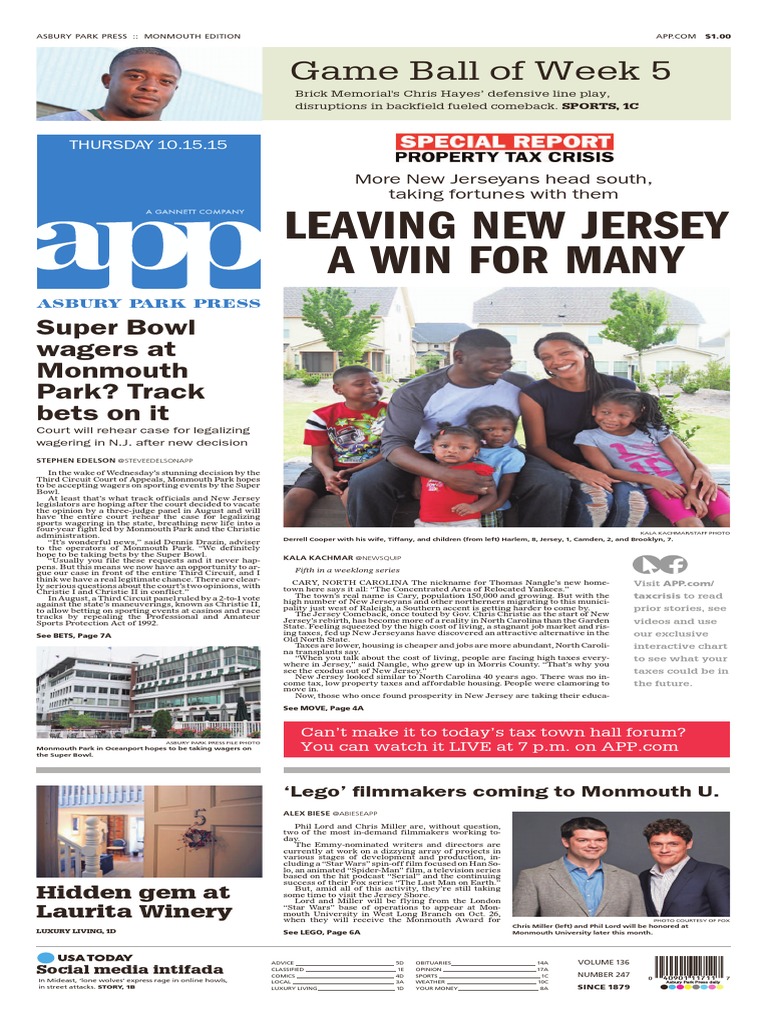 Asbury Park Press front page, Thursday, October 15, 2015 New Jersey