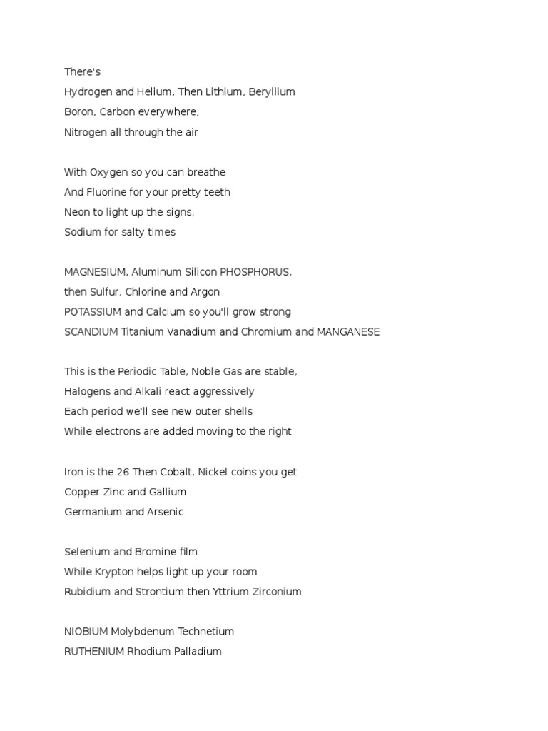 The New Periodic Table Song Lyrics