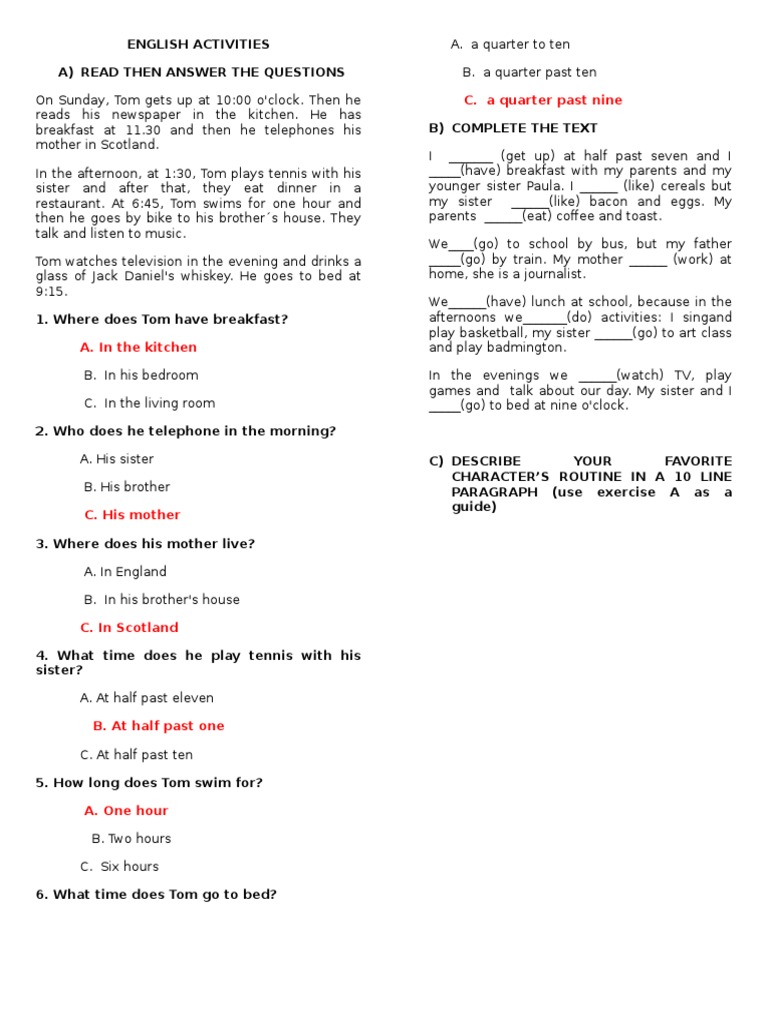 Tom's Daily Routine and Activities | PDF | Language Arts & Discipline