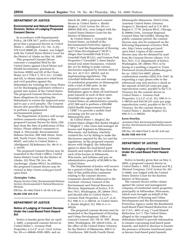 Notice Pollution control; consent judgments Abeldgaard Consent