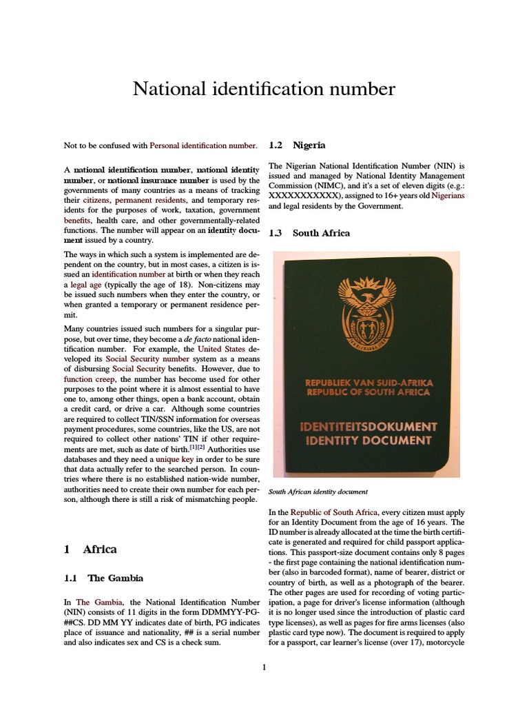 National Identification Numbers of Various Countries Identity