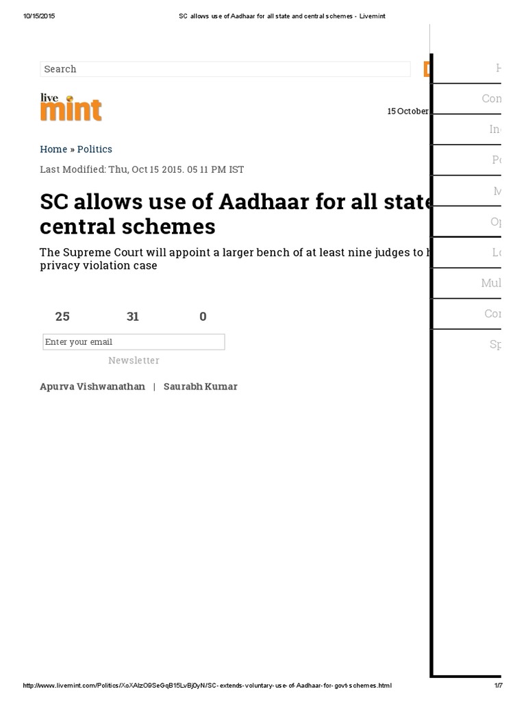 SC Allows Use of Aadhaar For All State and Central Schemes - Livemint ...