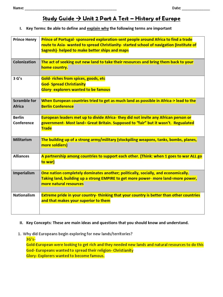 unit 2 part a study guide 2015- answer key | Colonialism | Imperialism