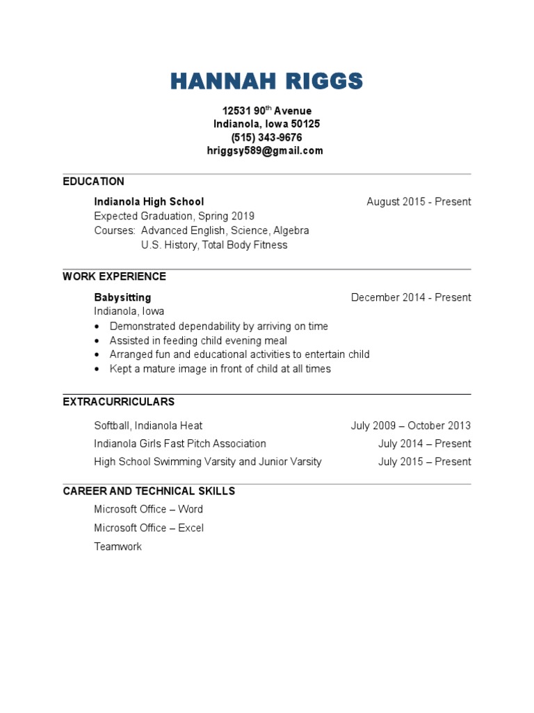 Hannah Riggs: 12531 90 Avenue Indianola, Iowa 50125 (515) 343-9676 ...