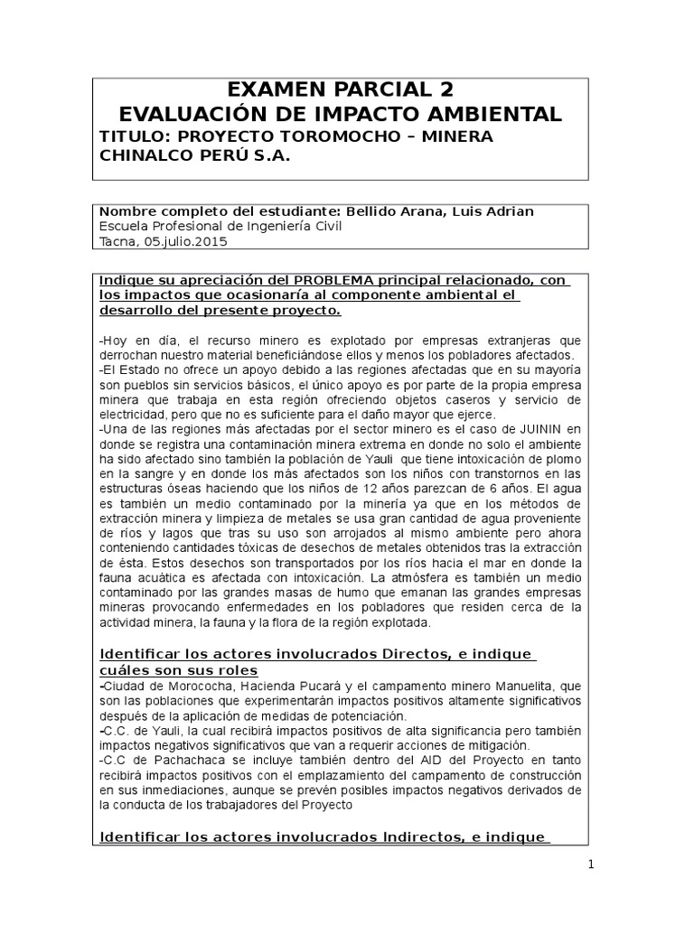 Impacto Ambiental Proyecto Toromocho | PDF | Evaluación de impacto ...