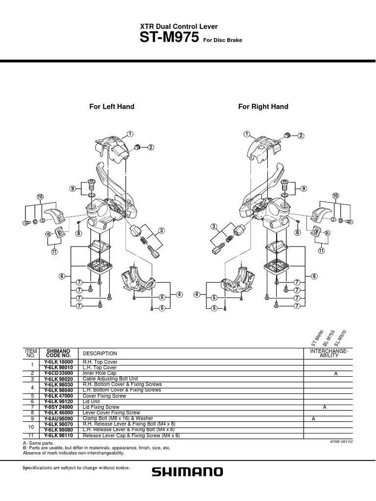 Shimano XTR Dual Control Parts List | PDF | Screw | Manufactured Goods