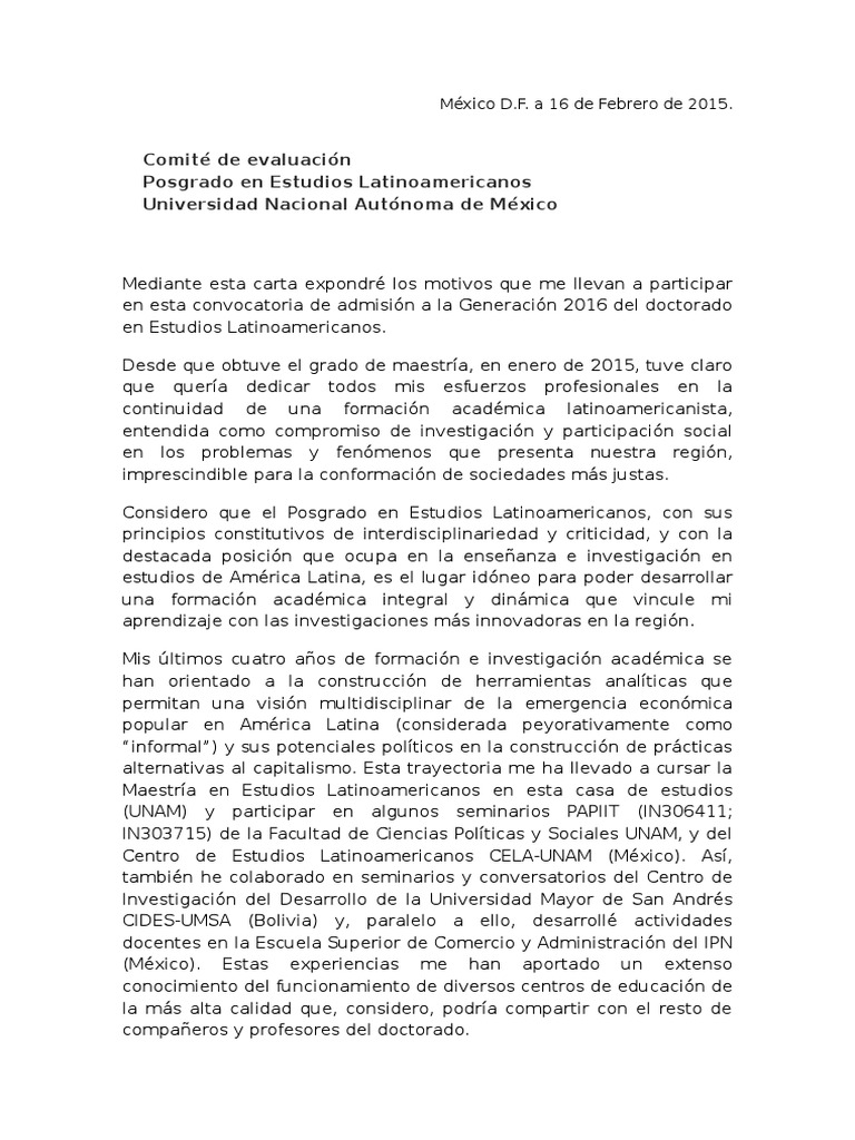 Carta de Exposición de Motivos  America latina  Universidad  Prueba