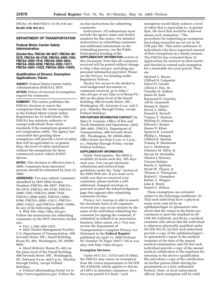 Notice Motor Carrier Safety Standards Driver Qualifications— Boyne