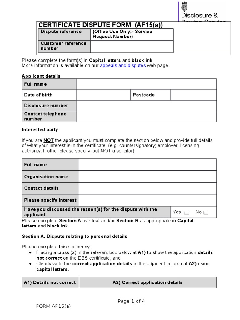 DBS Certificate Dispute Form v0.1 Criminal Record Law Enforcement