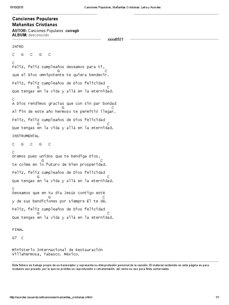 Canciones Populares, Mañanitas Cristianas - Letra y Acordes | PDF |  Religión y creencia, image size:768x1024