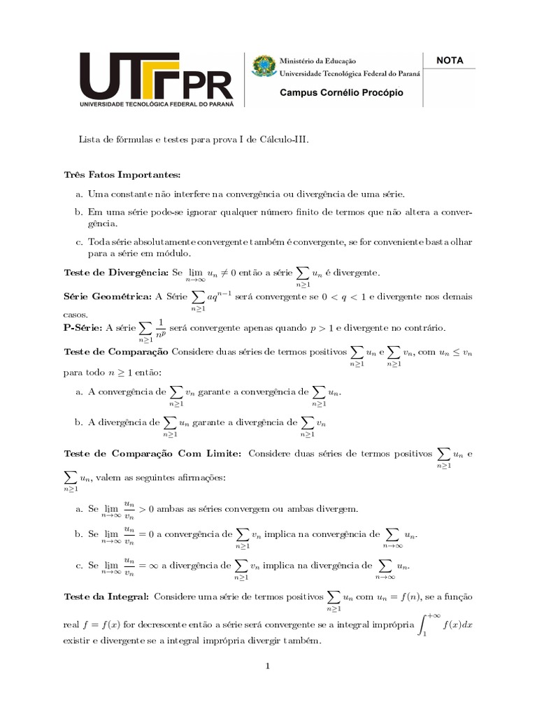 Fórmulas e Testes de Convergência em Cálculo-III | PDF | Série ...
