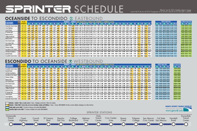 Sprinter Schedule | Railroads Of The United States | Southern California