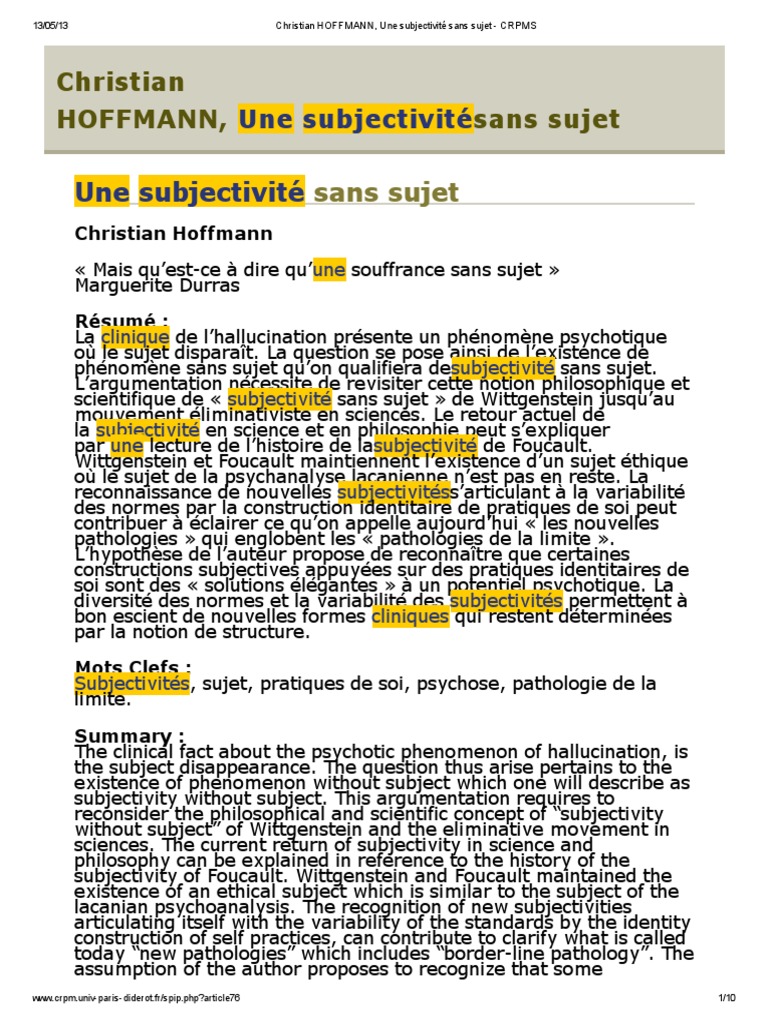 Subjectivité et psychose : enjeux cliniques | PDF | Emmanuel Kant ...