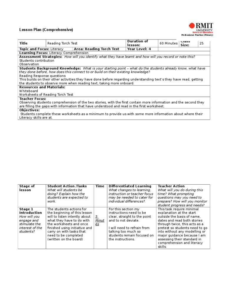 reading torch test comprehensive lesson plan 2 Reading Comprehension