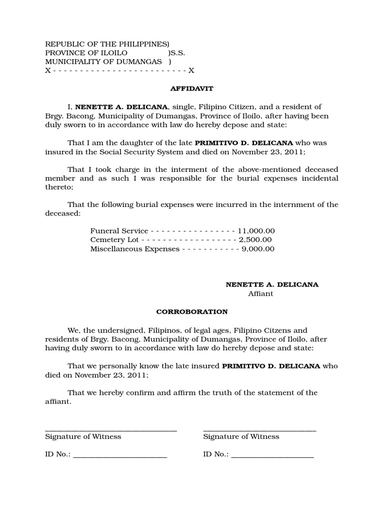 Affidavit for Funeral Expenses