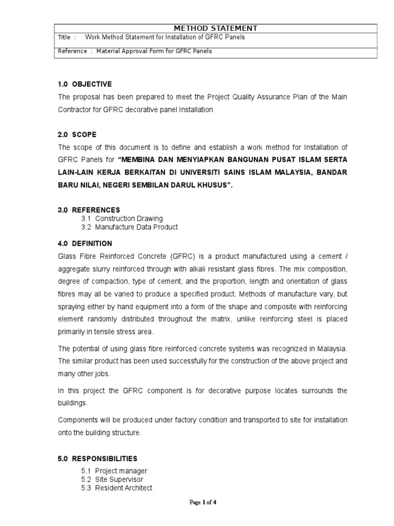 Method Statement For GFRC Panel | PDF | Fiberglass | Crane (Machine)