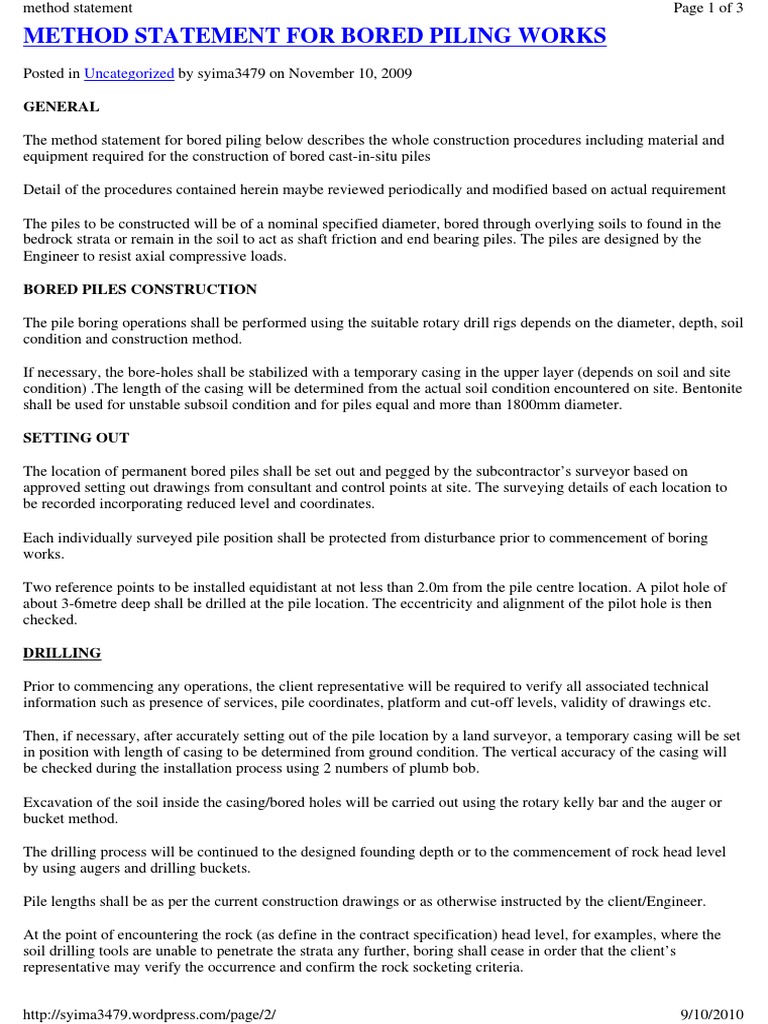 Bored Piling Method Statement Guide | PDF | Deep Foundation | Drilling